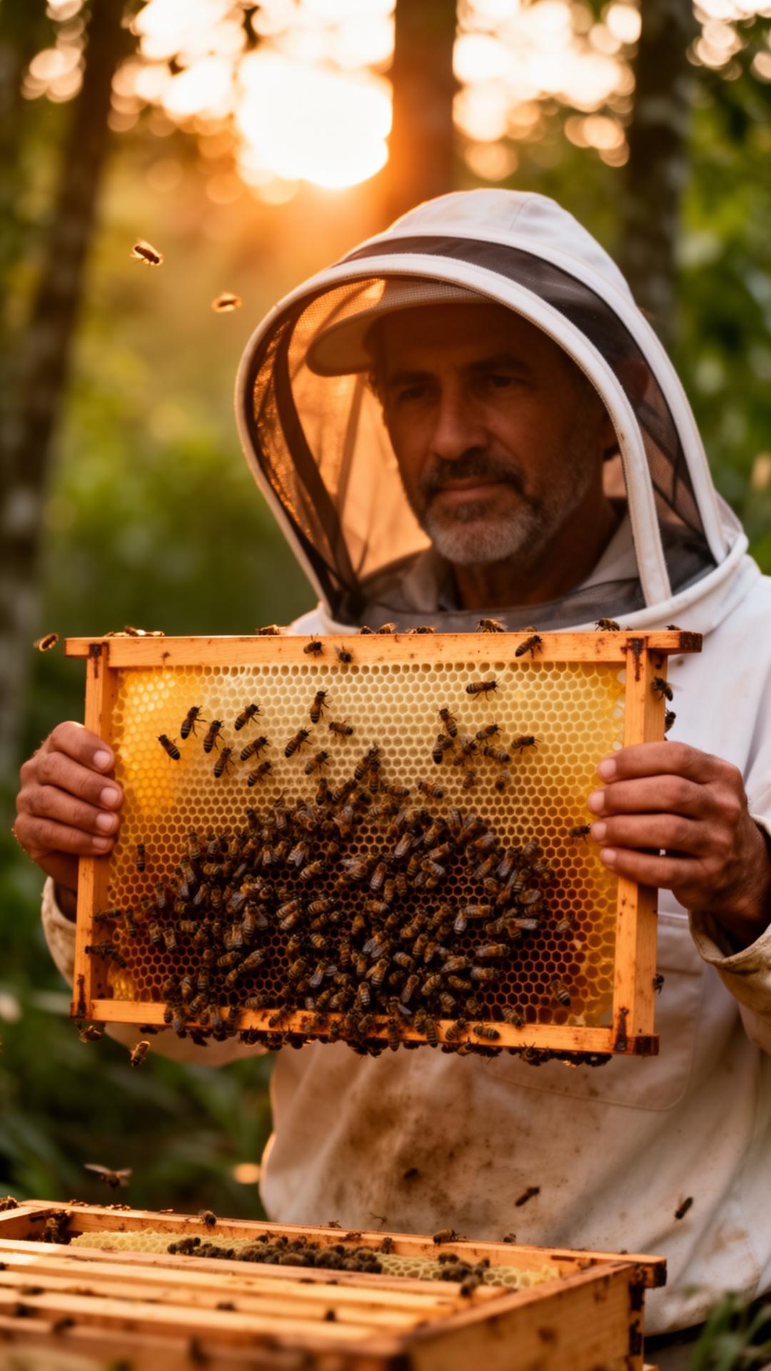 Apicultor da Abelheiro segurando quadro de favo com abelhas